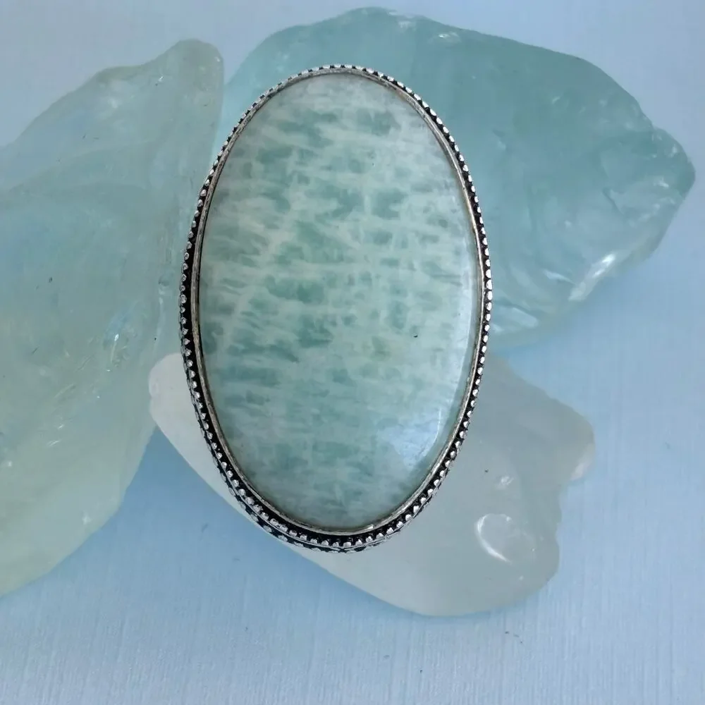 925 Silver Amazonite Oval Ring Size 7.5